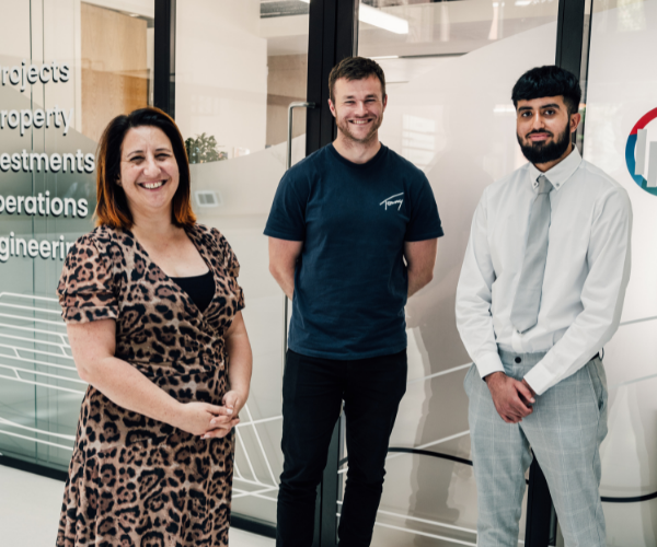 From left to right: Sam Uren, Engineering Director and Alex Rowley, Senior Project Engineer with new graduate Mu'tasim Hussain who started on 5 July. The next three graduates will join the business in September.